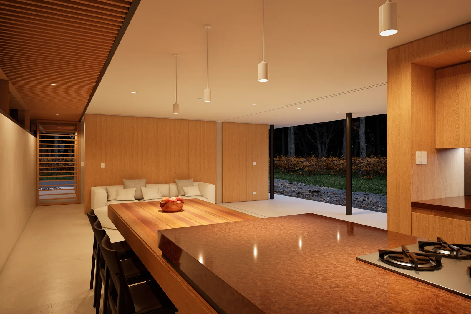 Timber kitchen and long table inside the pavilion