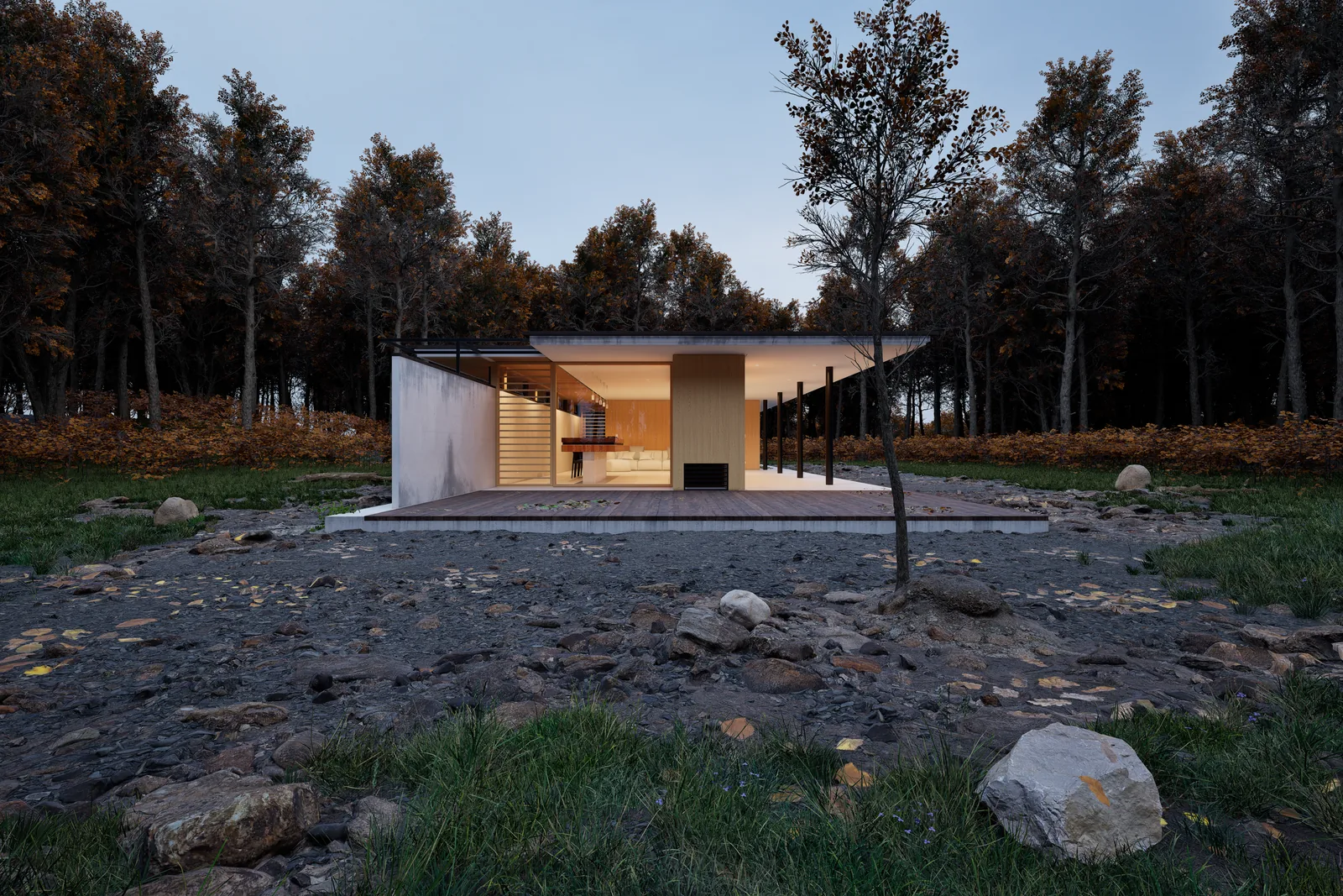 A low timber pavilion in a clearing, lit warm from inside at dusk
